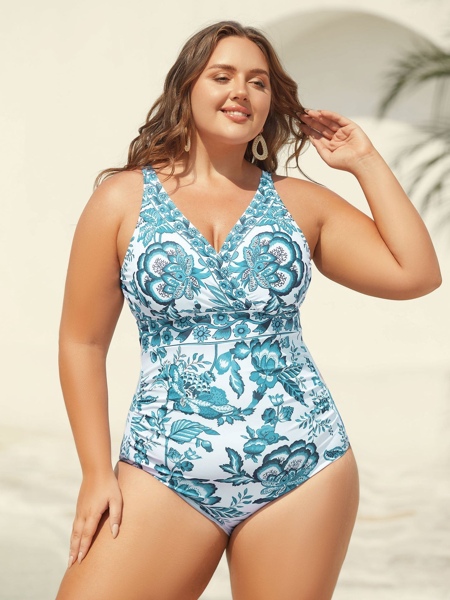 Two-Piece Floral Print Ruched Mesh Swimsuit, Sarong