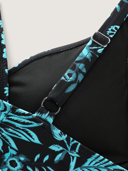 Two-Piece Floral Print Ruched Mesh Swimsuit, Sarong